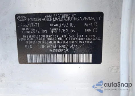 2011 Hyundai Elantra Gls z USA, uszkodzony, nr VIN 5NPDH4AE1BH033834